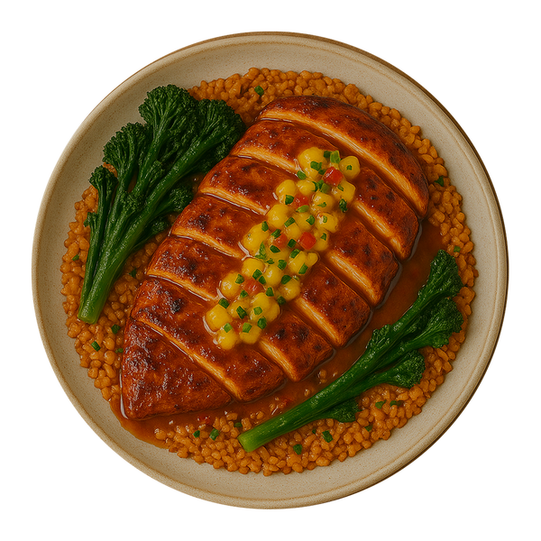 Cajun Chicken Breast, Aleppo & Coriander Rice, Charred Greens, Pineapple Salsa