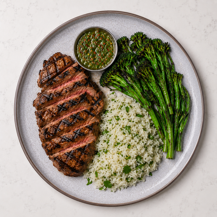 Grilled Rump Steak, Coriander Rice, Charred Greens, Chimichurri Dressing