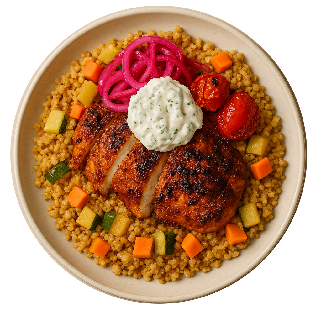 Moroccan Chicken, Vegetable Couscous, Pickled Red Onion, Honey Roast Tomatoes, Tzatziki