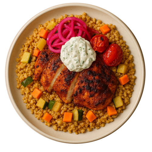 Moroccan Chicken, Vegetable Couscous, Pickled Red Onion, Honey Roast Tomatoes, Tzatziki