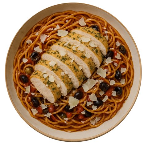 Garlic Chicken, Puttanesca Linguine, Parmesan Cheese