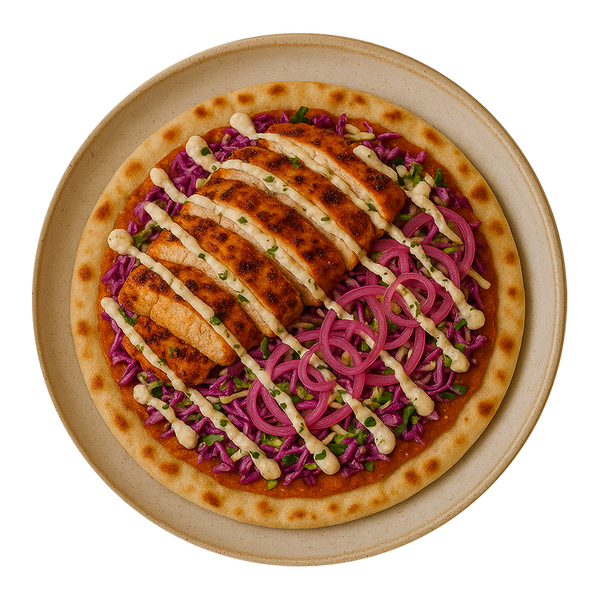 Chicken Shawarma Flatbread, Crunchy Cabbage Slaw, Pickled Red Onion, Chilli Yogurt