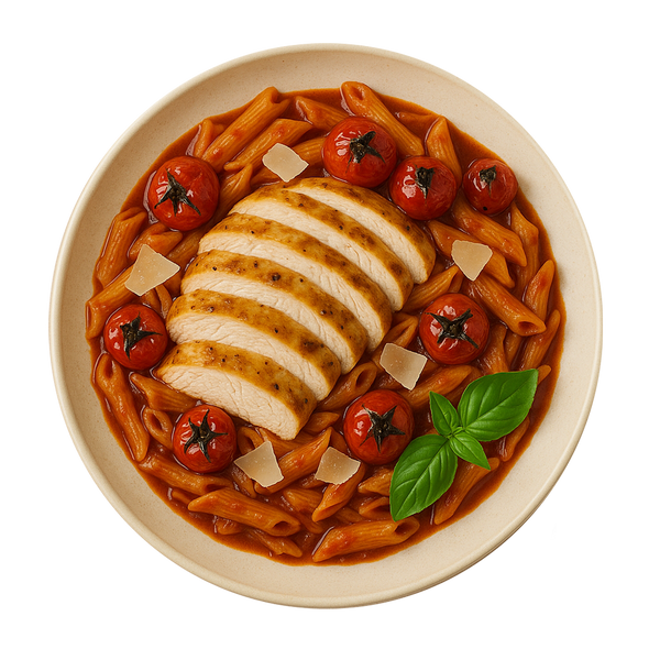 Garlic Chicken Breast, Tomato & Basil Pasta, Balsamic Roasted Cherry Tomatoes, Parmesan Cheese