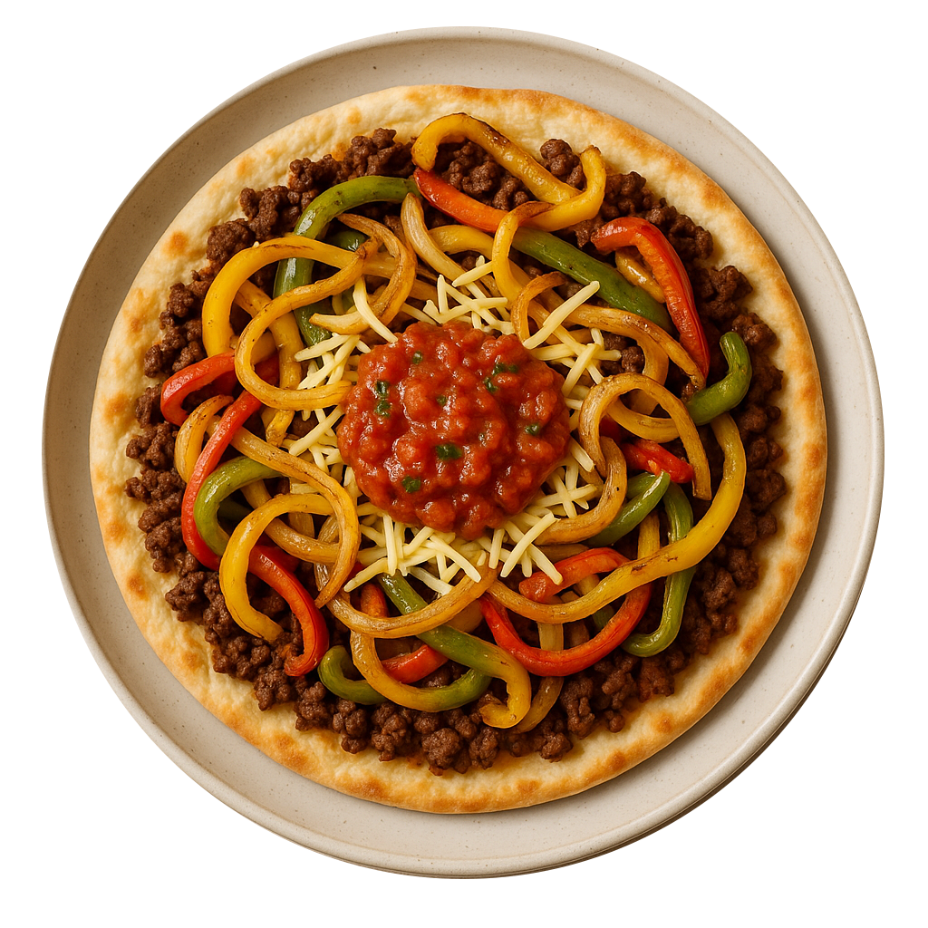 Fajita Ground Beef Flatbread, Peppers & Onions Grated Cheese, Tomato Salsa