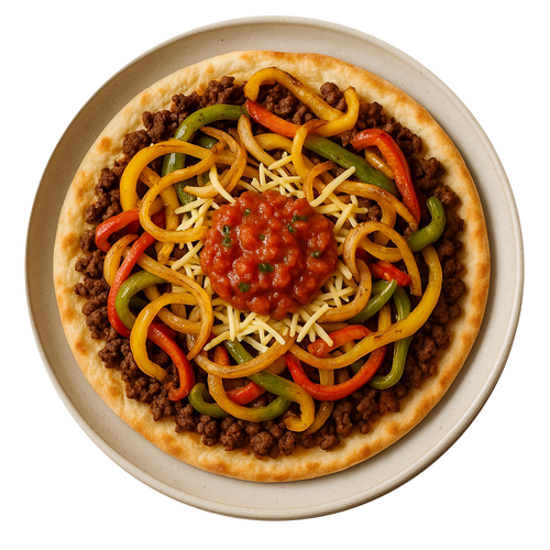 Fajita Ground Beef Flatbread, Peppers & Onions Grated Cheese, Tomato Salsa