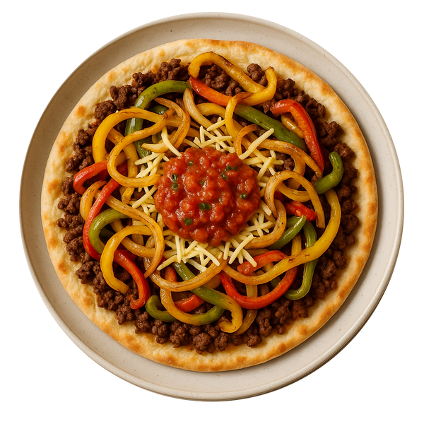 Fajita Ground Beef Flatbread, Peppers & Onions Grated Cheese, Tomato Salsa