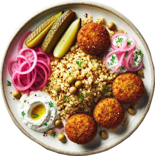 Sweet Potato Falafel Vegetable Couscous, Pickled Red Onion, Honey Roasted Tomatoes, Tzatziki
