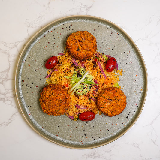 Sweet Potato Falafel Vegetable Couscous, Pickled Red Onion, Honey Roasted Tomatoes, Tzatziki