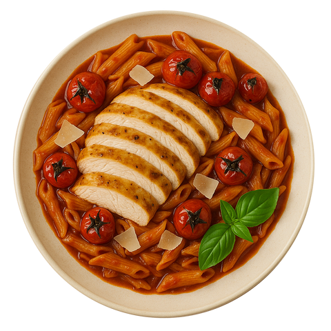 Garlic Chicken Breast, Tomato & Basil Pasta, Balsamic Roasted Cherry Tomatoes, Parmesan Cheese