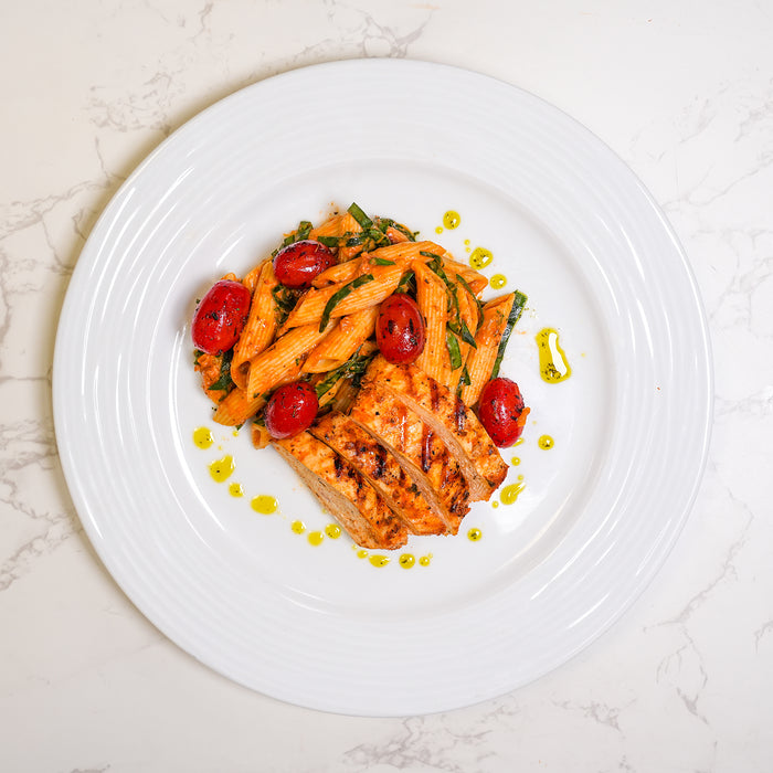 Garlic Chicken Breast, Tomato & Basil Pasta, Balsamic Roasted Cherry Tomatoes, Parmesan Cheese