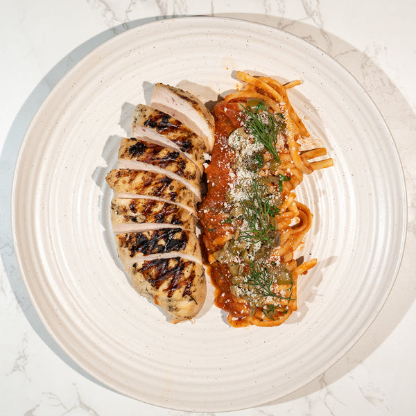 Garlic Chicken, Puttanesca Linguine, Parmesan Cheese