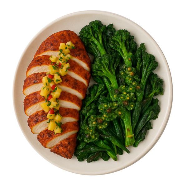 Cajun Chicken Breast, Chimichurri Charred Greens, Pineapple & Chilli Salsa (KETO)