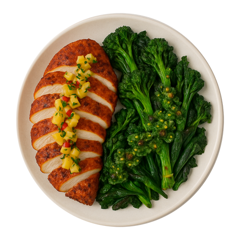 Cajun Chicken Breast, Chimichurri Charred Greens, Pineapple & Chilli Salsa (KETO)