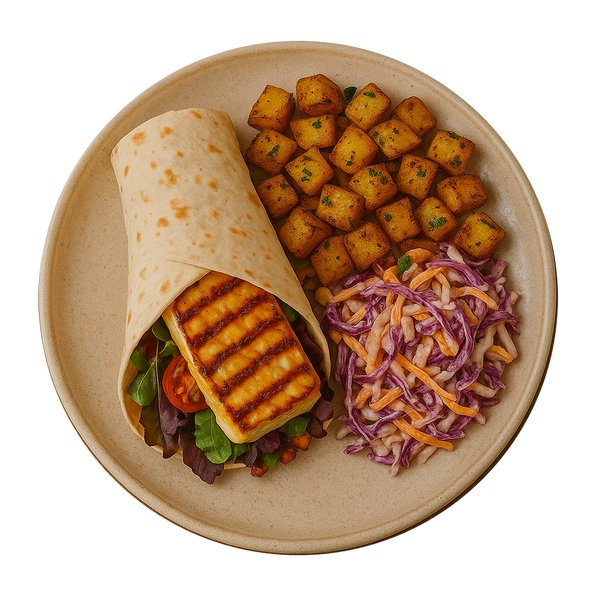 Grilled Halloumi Wrap, Parmentier Potatoes, Bozu Slaw, Burger Relish