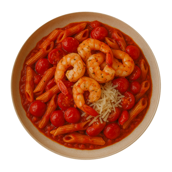 Garlic King Prawn Pasta, Roasted Cherry Tomatoes & Peppers, Romesco Sauce