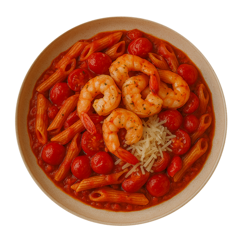 Garlic King Prawn Pasta, Roasted Cherry Tomatoes & Peppers, Romesco Sauce