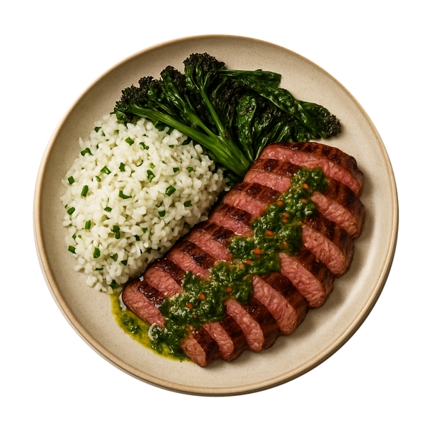 Grilled Rump Steak, Coriander Rice, Charred Greens, Chimichurri Dressing