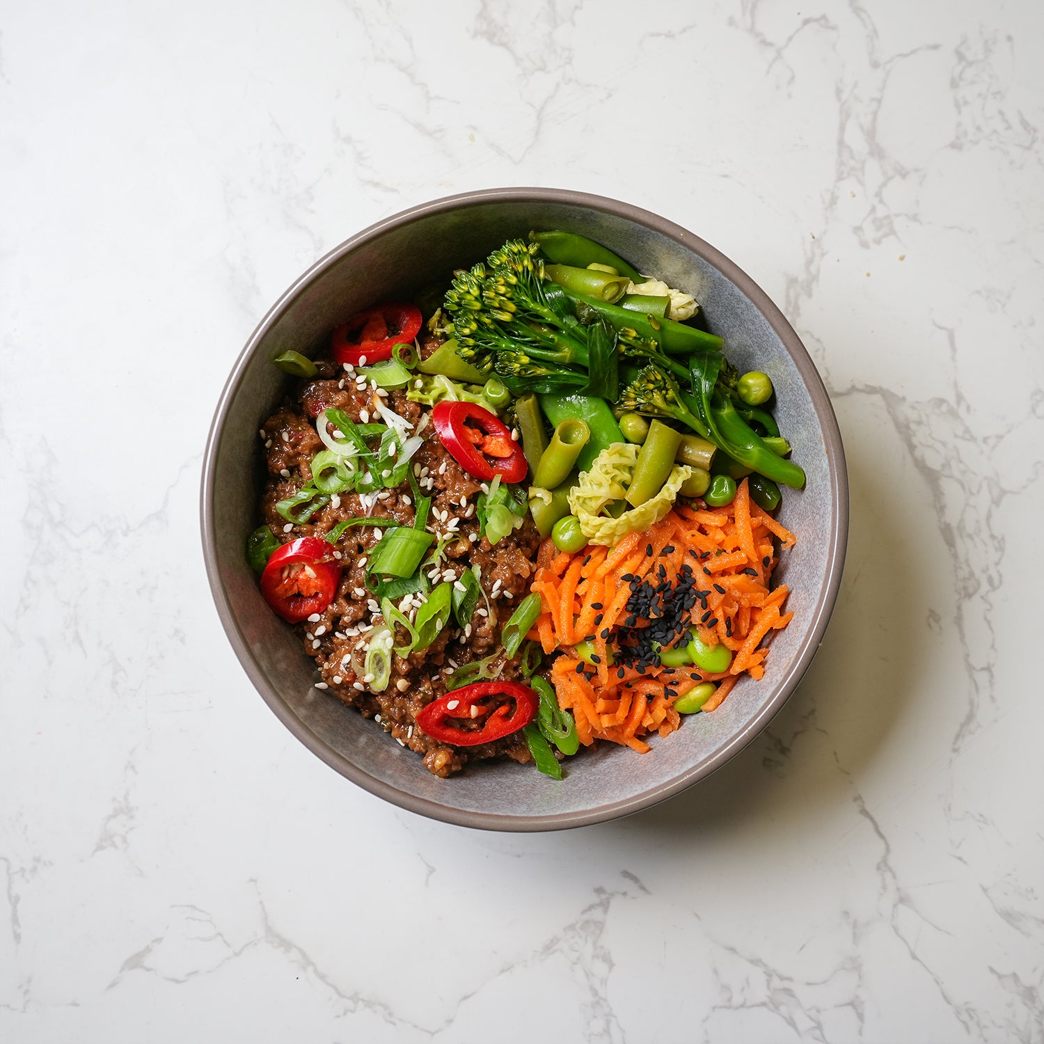 High protein keto beef bowl with carrot salad and fried broccoli – low carb meal prep UK