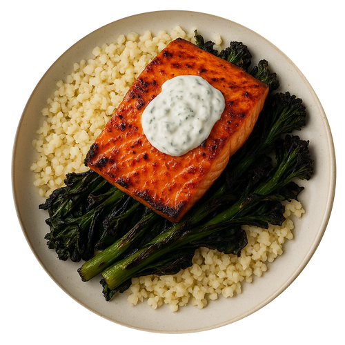 Harissa & Lemon Spiced Salmon, Cauliflower Couscous, Fried Greens, Tzatziki (KETO)