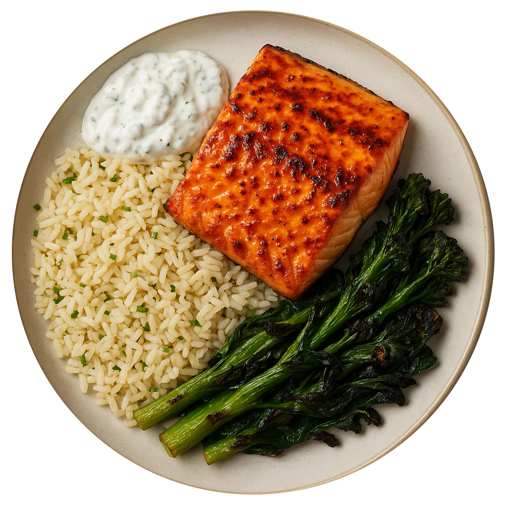 Harissa & Lemon Spiced Salmon, Spiced Rice, Fried Greens, Tzatziki