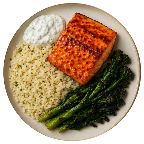 Harissa & Lemon Spiced Salmon, Spiced Rice, Fried Greens, Tzatziki