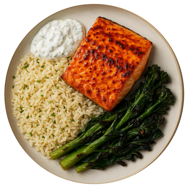 Harissa & Lemon Spiced Salmon, Spiced Rice, Fried Greens, Tzatziki