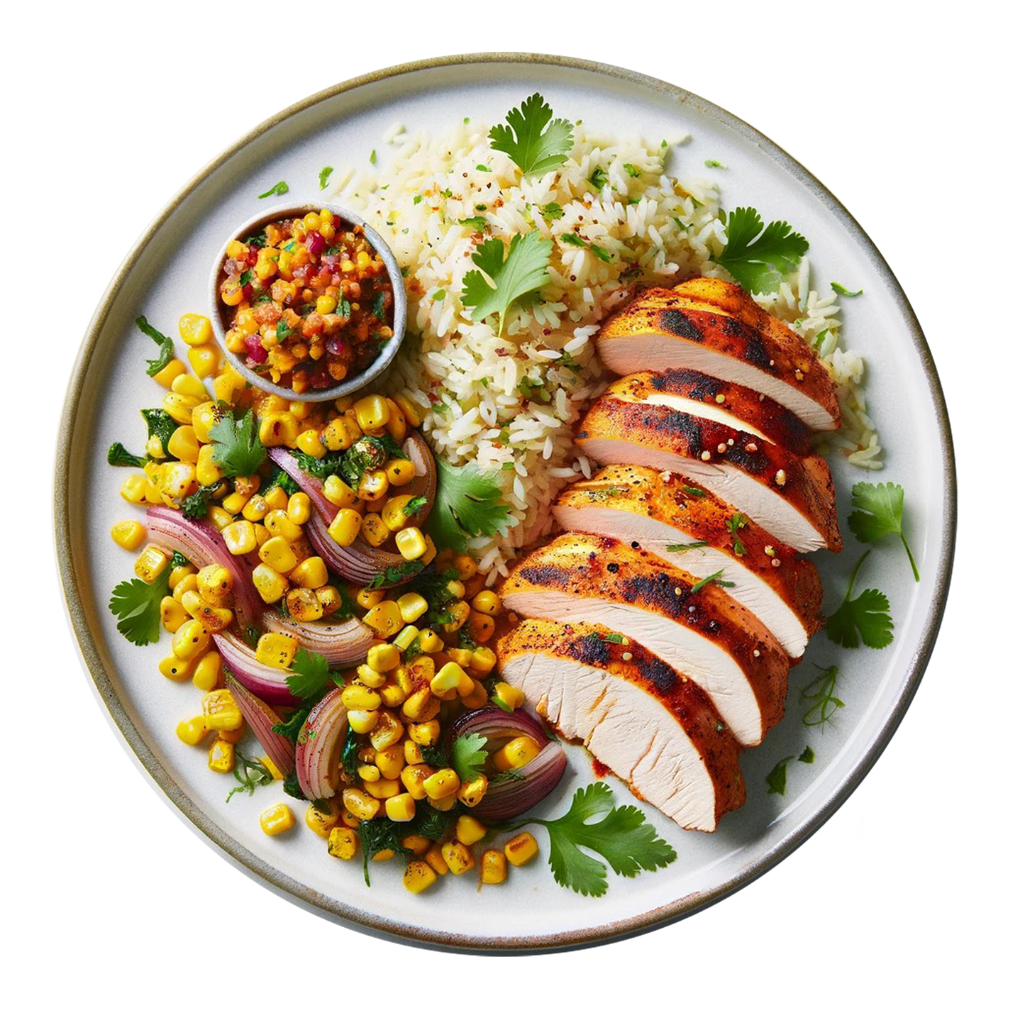 Spicy Harissa Thighs, Coriander Rice, Charred Corn Salsa, Tenderstem