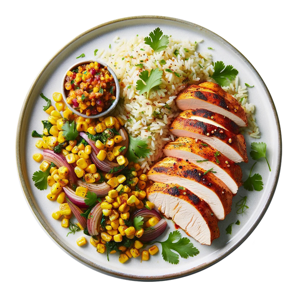 Spicy Harissa Thighs, Coriander Rice, Charred Corn Salsa, Tenderstem