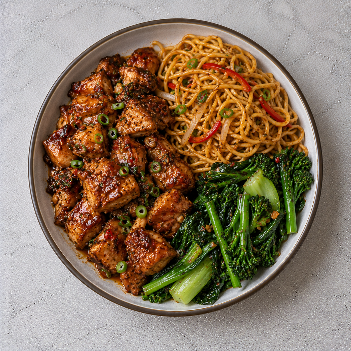 Honey & Ginger Sticky Chicken, Stir Fried Egg Noodles, Wok Fried Greens