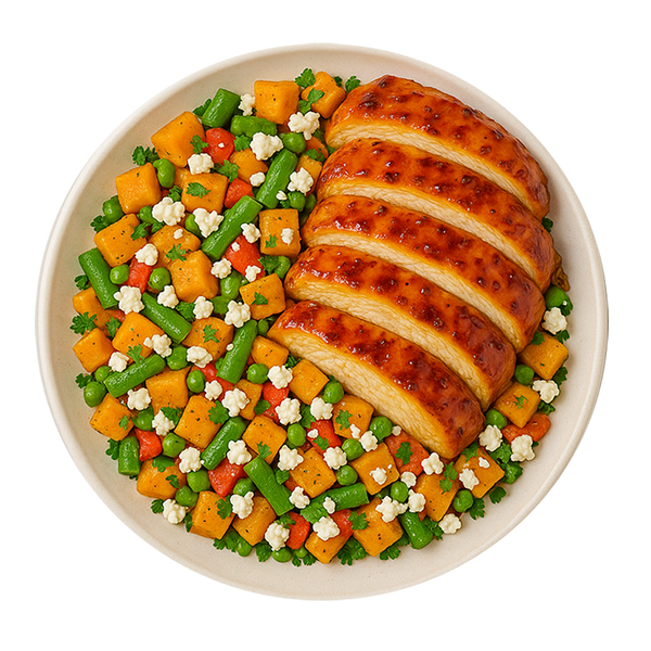 Honey & Mustard Thighs, Butternut Squash Succotash, Crumbled Feta (KETO)