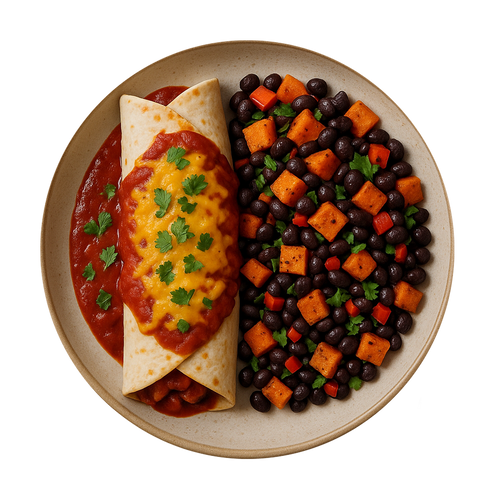 Pulled Jackfruit Enchilada, Sweet Potato & Black Bean Salad