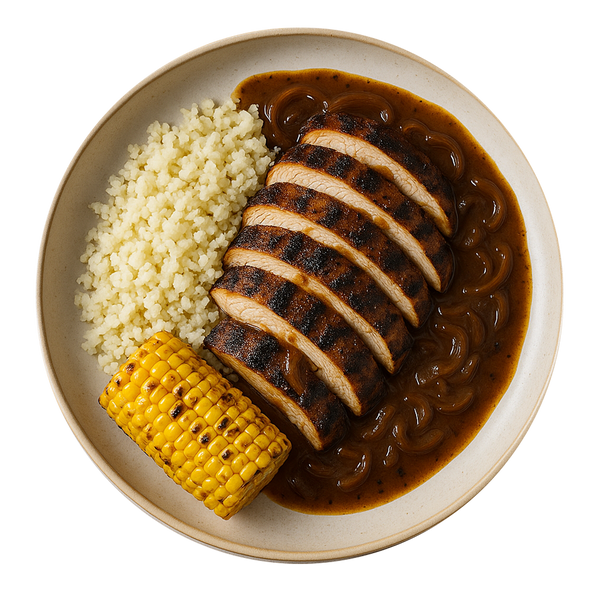 Grilled Jerk Chicken, Cauliflower Rice, Charred Corn Cobette, Jerk Onion Gravy (KETO)