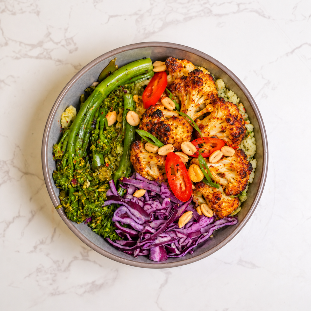 (KEOT) Peruvian Cauliflower Wings, Charred Tenderstem, Pickled Red Onion, Jalapeno & Coriander Sauce