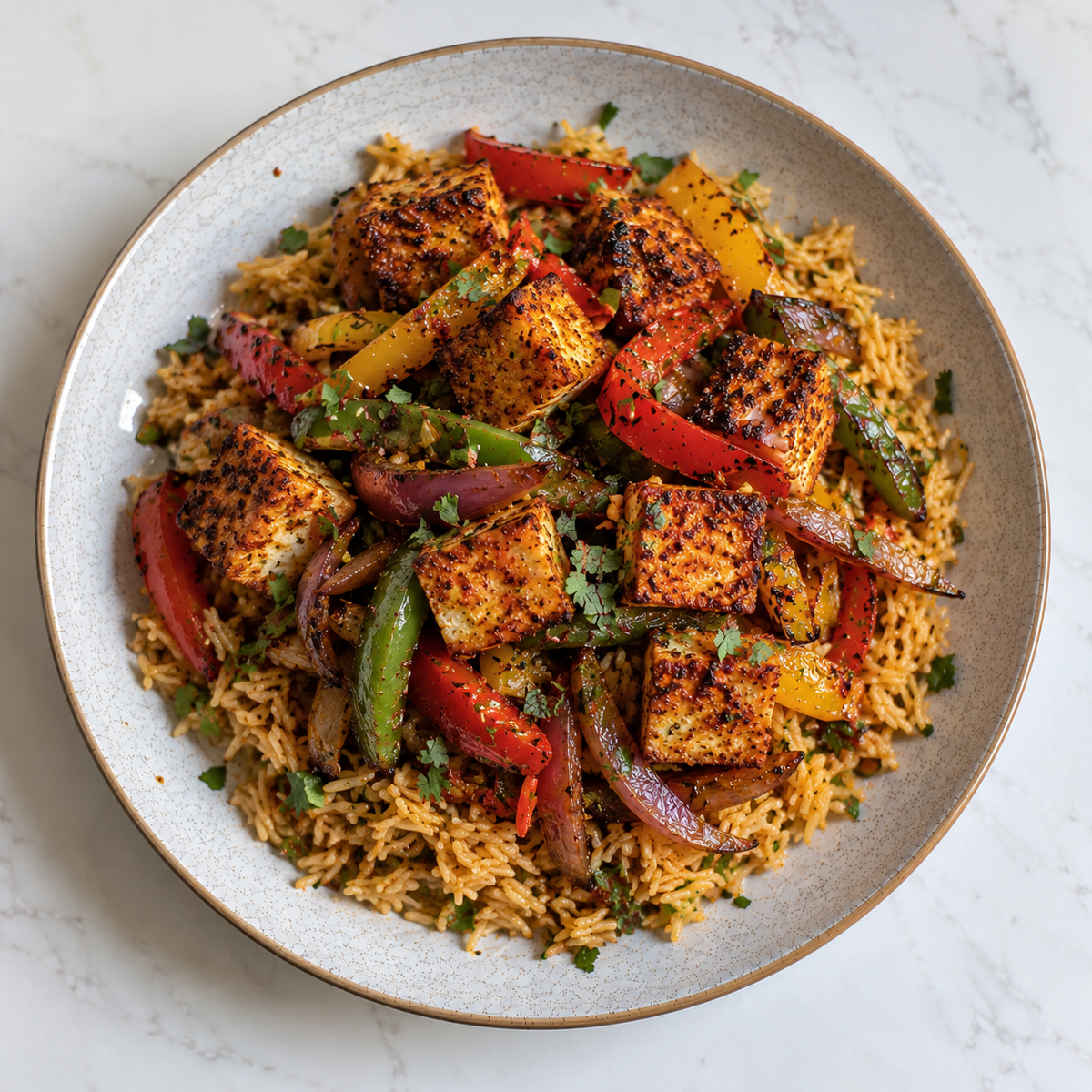 (KETO) Crispy Harissa Tofu & Cauliflower Rice.