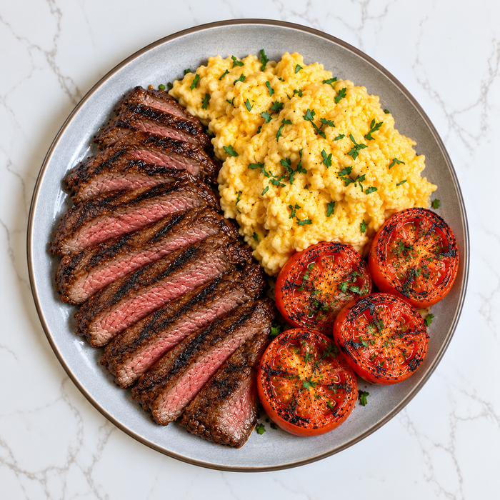 (KETO) Grilled Rump Steak, Scrambled Eggs, Grilled Tomatoes