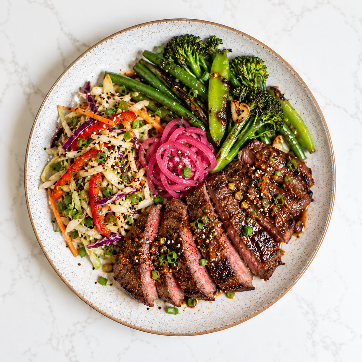 (KETO) Sticky Garlic & Ginger Beef Rump, Asian Salad, Charred Greens, Pickled Red Onions 
