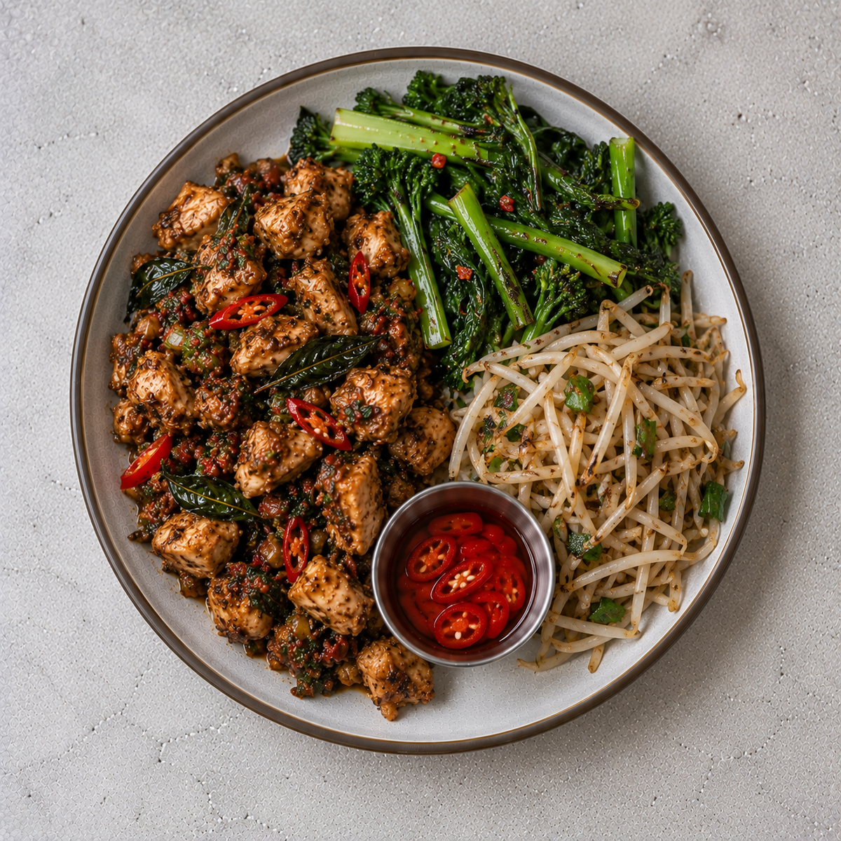 (KETO) Thai Basil Chicken Bowl, Wok Fried Bean Sprouts, Wok Fried Greens, Pickled Chillies 