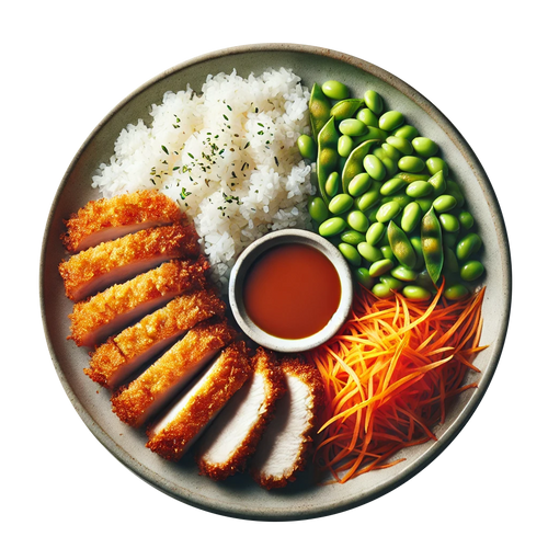 Katsu Chicken, White Rice, Carrot & Bean Salad, Crushed Nuts