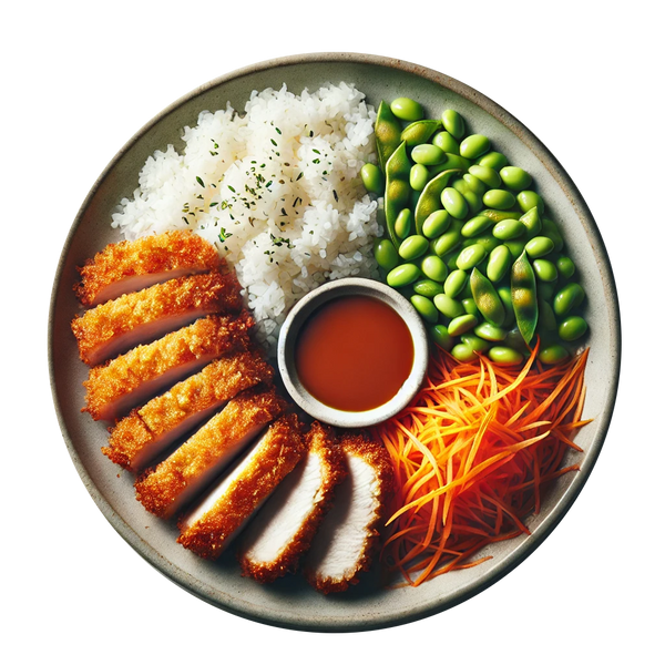 Katsu Chicken, White Rice, Carrot & Bean Salad, Crushed Nuts