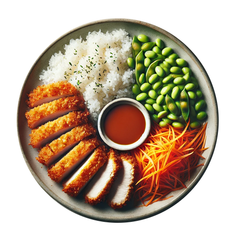 Katsu Chicken, White Rice, Carrot & Bean Salad, Crushed Nuts