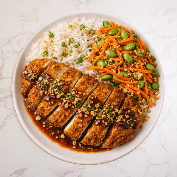Katsu Chicken, White Rice, Carrot & Bean Salad, Crushed Nuts