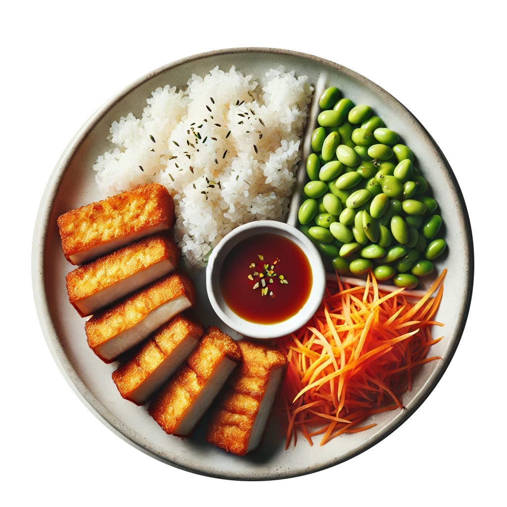 Katsu Tofu, White Rice, Carrot & Bean Salad, Crushed Nuts