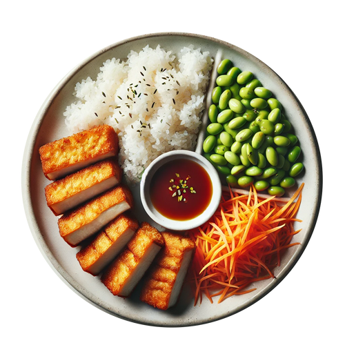 Katsu Tofu, White Rice, Carrot & Bean Salad, Crushed Nuts
