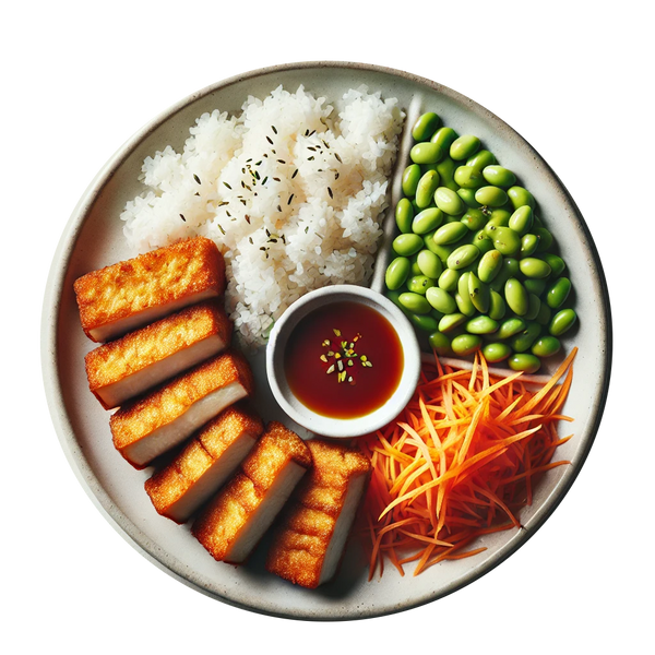 Katsu Tofu, White Rice, Carrot & Bean Salad, Crushed Nuts