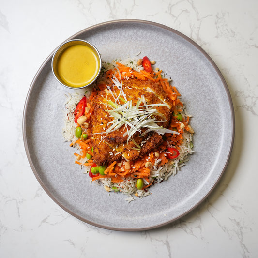 Crispy katsu chicken with rice and salad – high protein Japanese style meal prep delivery UK