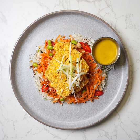 Katsu tofu with rice and salad – vegan high protein meal prep delivery UK plant based ready meal