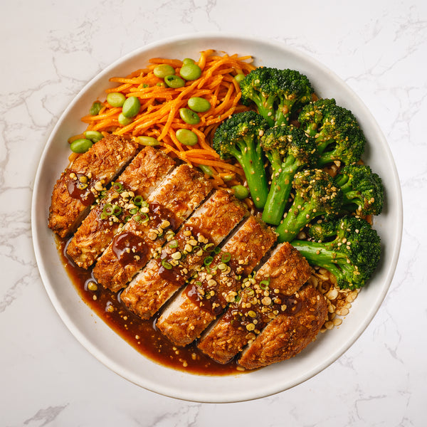 Katsu Chicken, Carrot & Bean Salad, Fried Broccoli, Chopped Nuts (KETO)