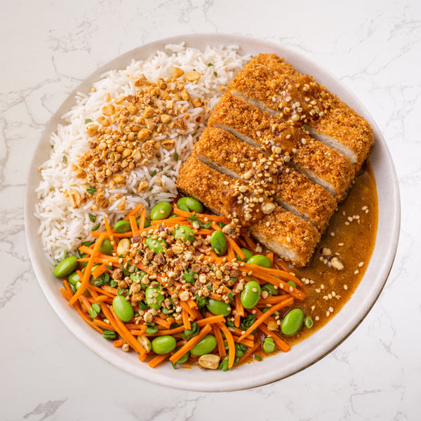 Katsu Tofu, White Rice, Carrot & Bean Salad, Crushed Nuts