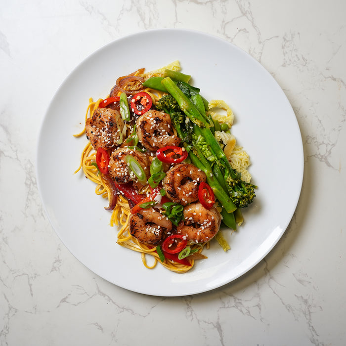 Chilli & Ginger King Prawn Stir Fry, Honey & Sesame Wok Fried Broccoli