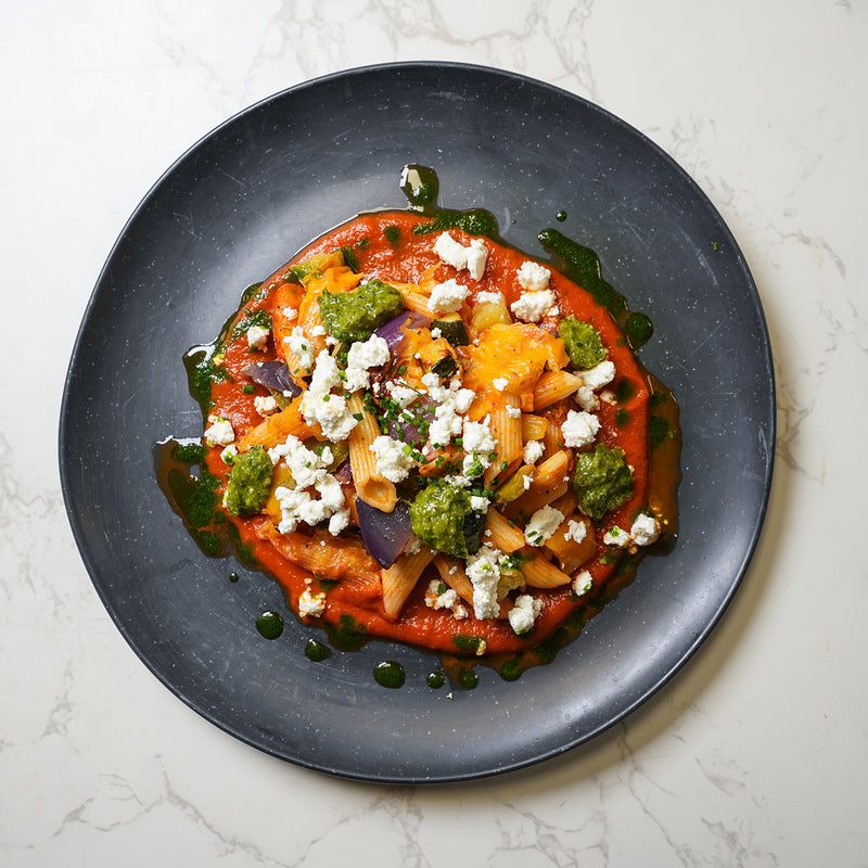 Mediterranean Vegetable Pasta Bake, Feta Cheese, Basil Pesto